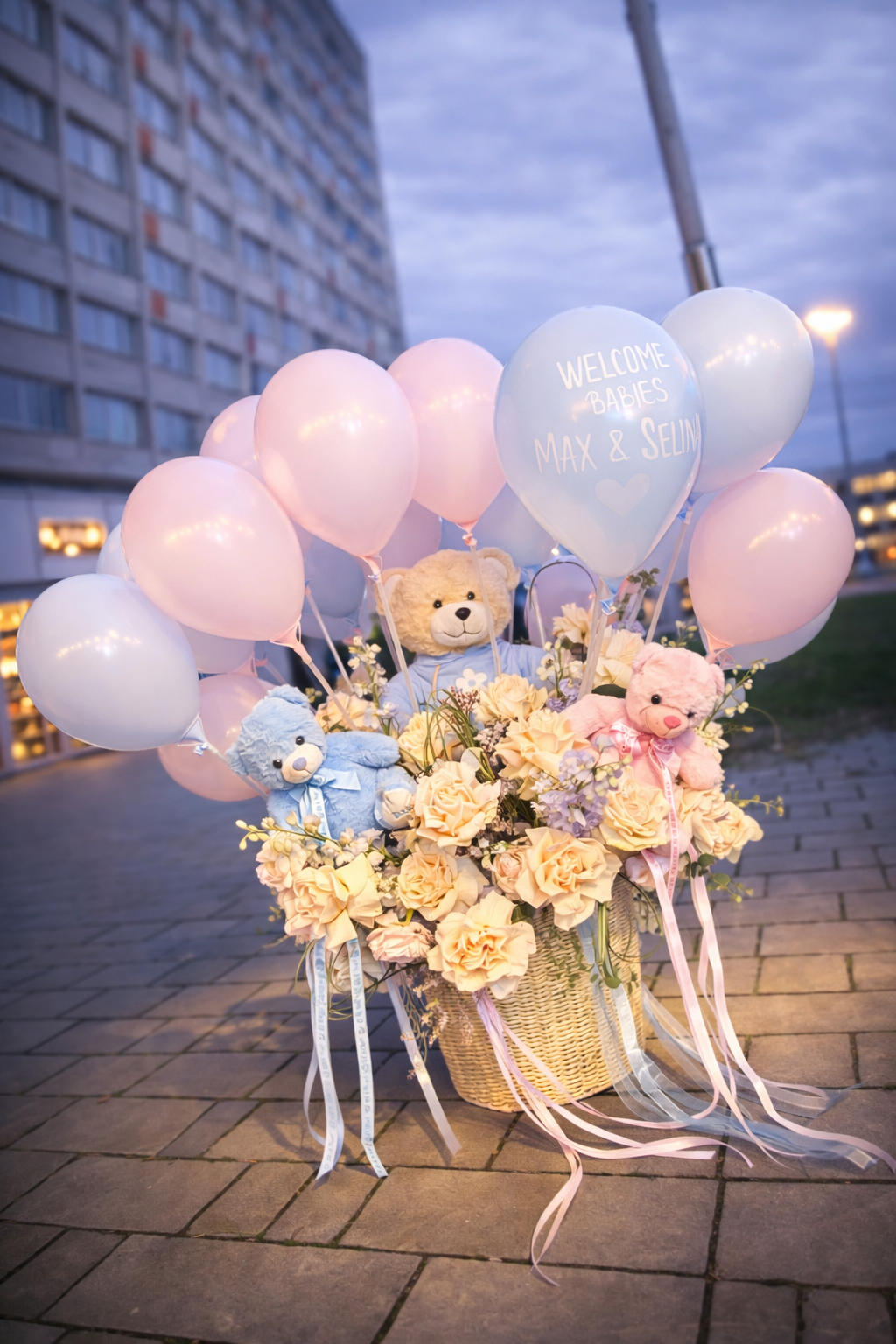 Aranjament Welcome Babies gemeni cu baloane, ursuleti si flori premium – cadou nastere bebe luxury