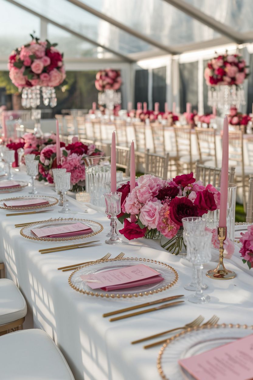 Aranjament floral nuntă în nuanțe vibrante de roz