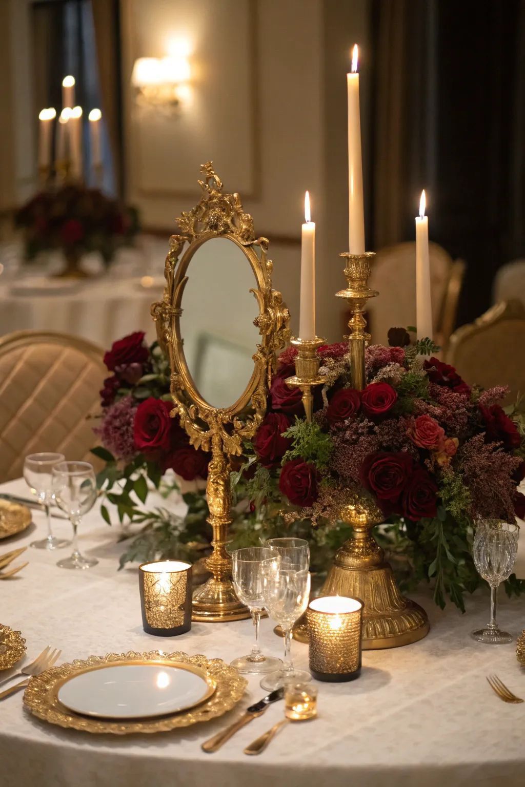 Decor masă nuntă elegnat cu trandafiri rosii