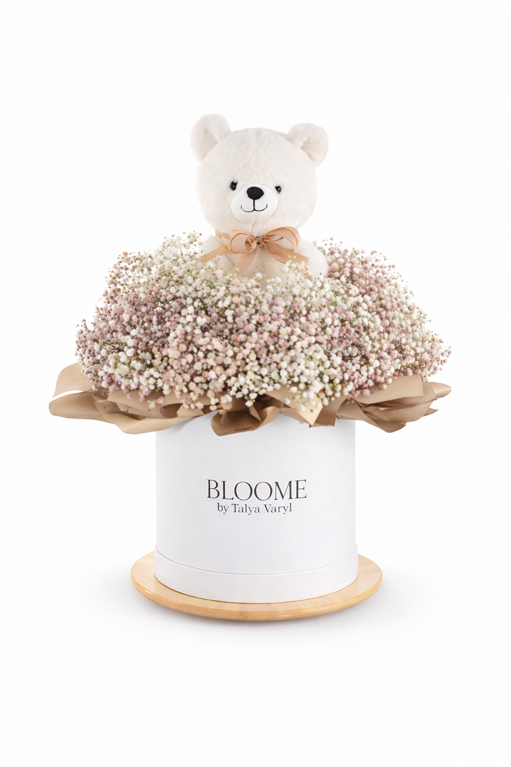 Aranjament cu Urs – Gypsophila în Cutie Elegantă