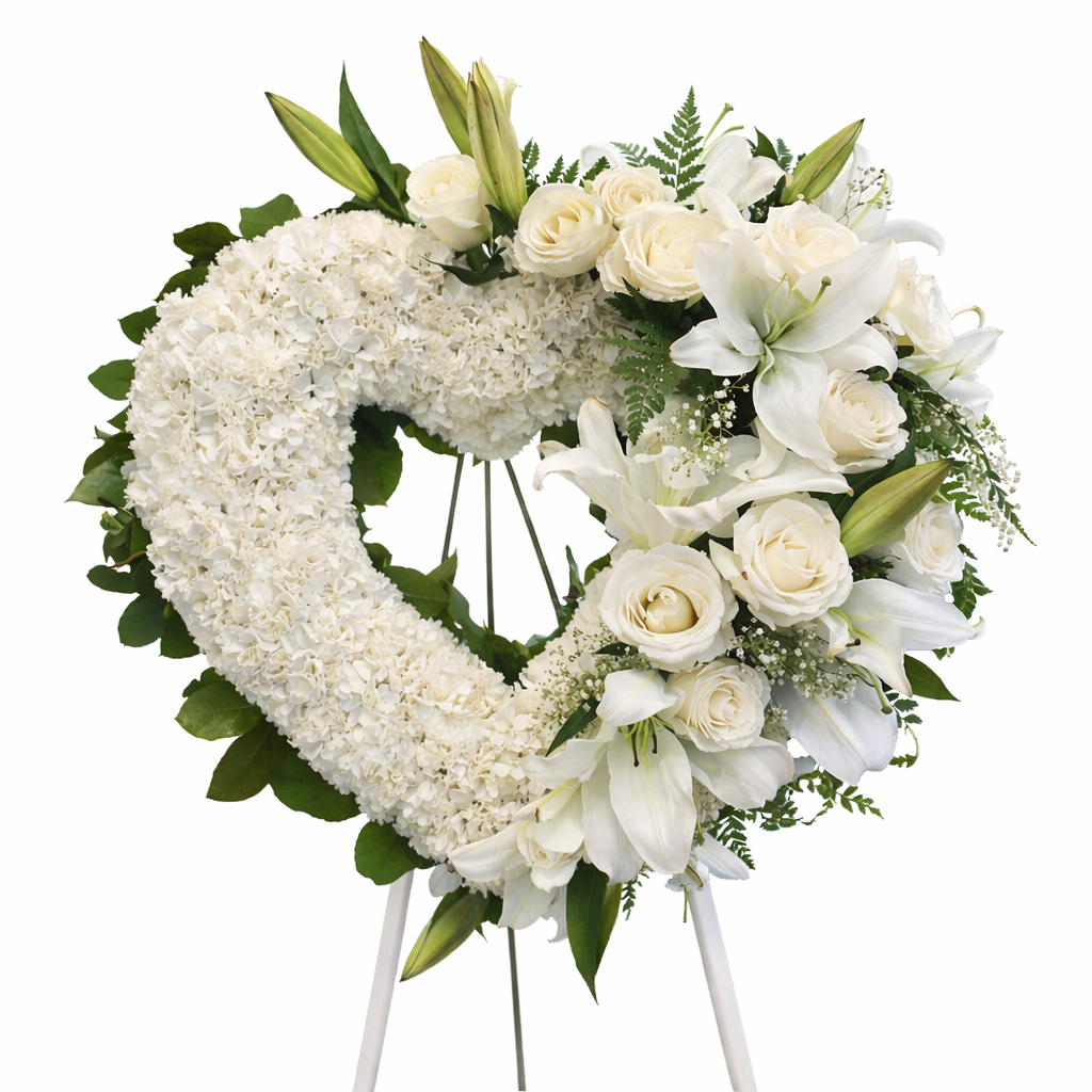 Coroană funerară inimă albă din crizanteme, trandafiri și crini – flori naturale premium