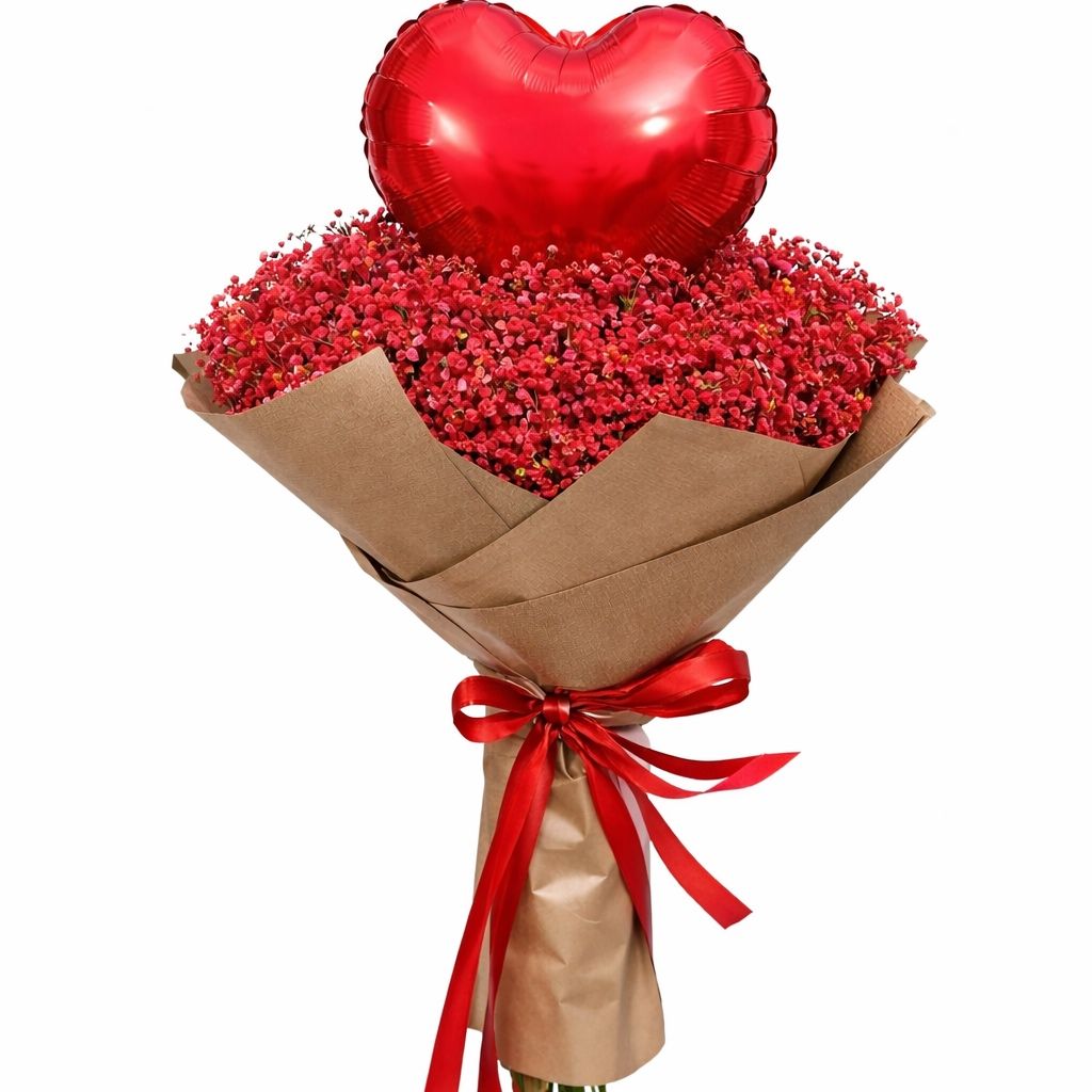 Buchet de flori – Gypsophila Roșie cu Balon Inimă