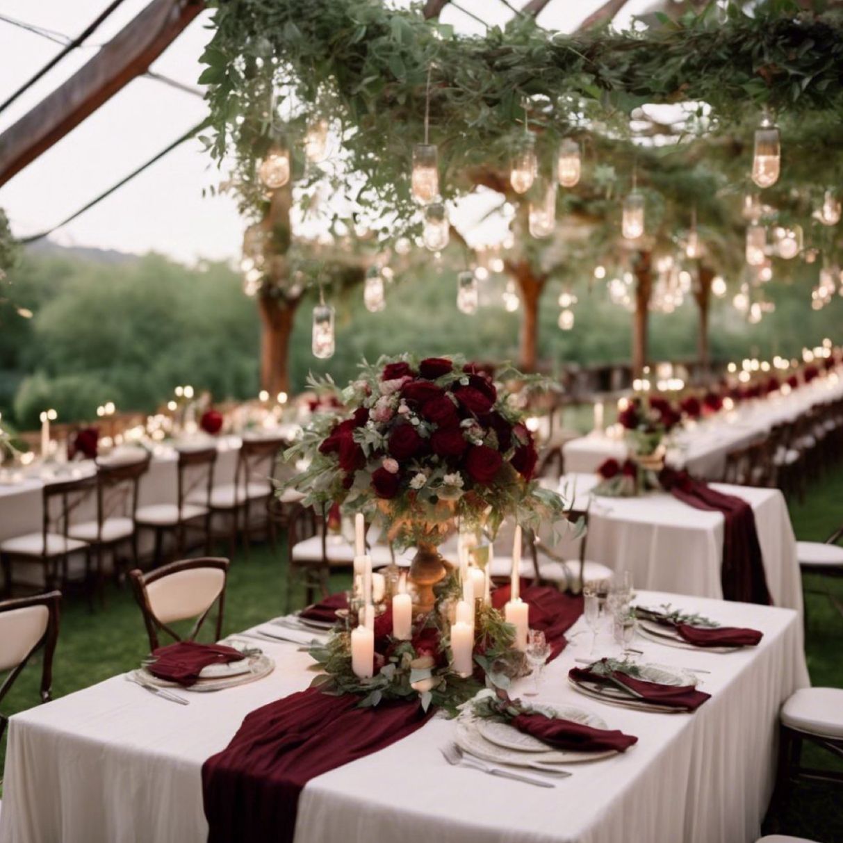 Decor masă nuntă cu buchete burgundy & roz pudrat