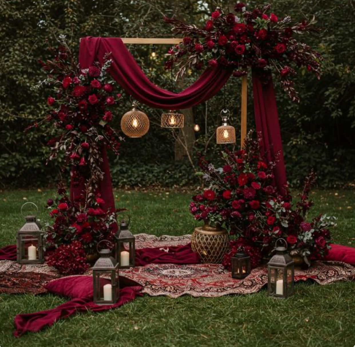 Arcadă nuntă burgundy cu trandafiri și accente boho