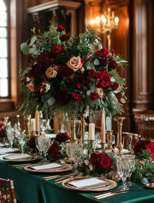 Aranjament de nunta trandafiri burgundy și roz nude