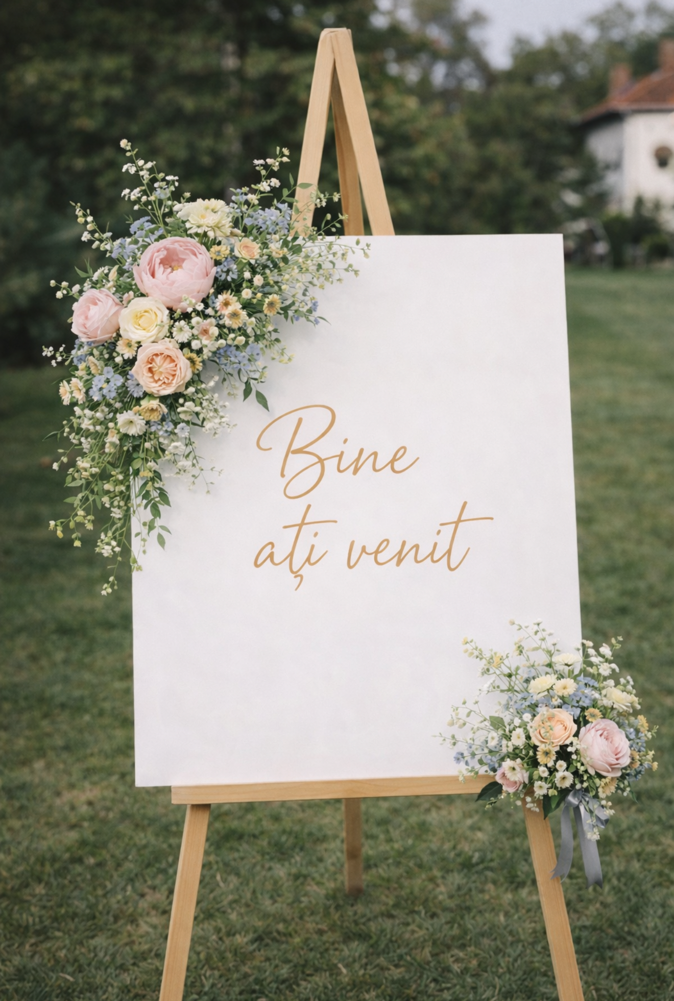 Set Wedding Planner Elegant – Panou Bun Venit + Plan Mese cu aranjamente florale