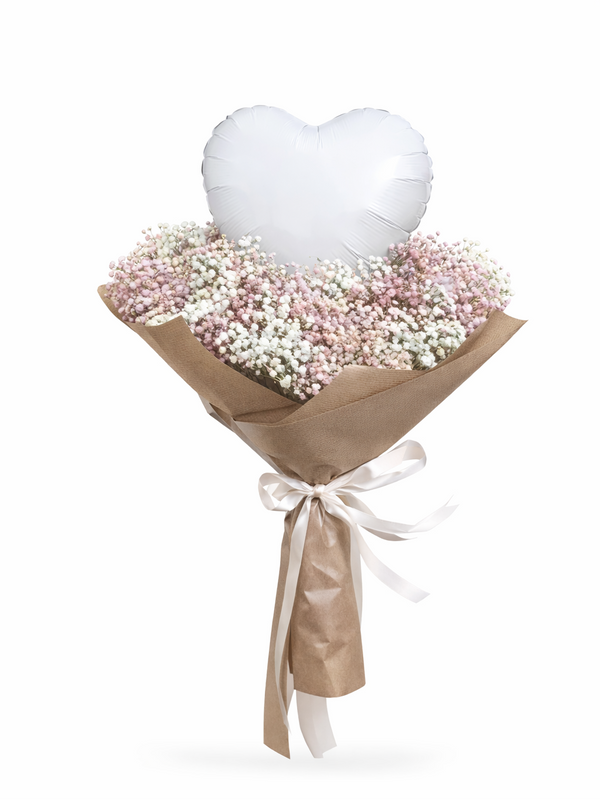 Buchet de flori Valentine’s Day – Gypsophila Roz și Alb cu Balon Inimă