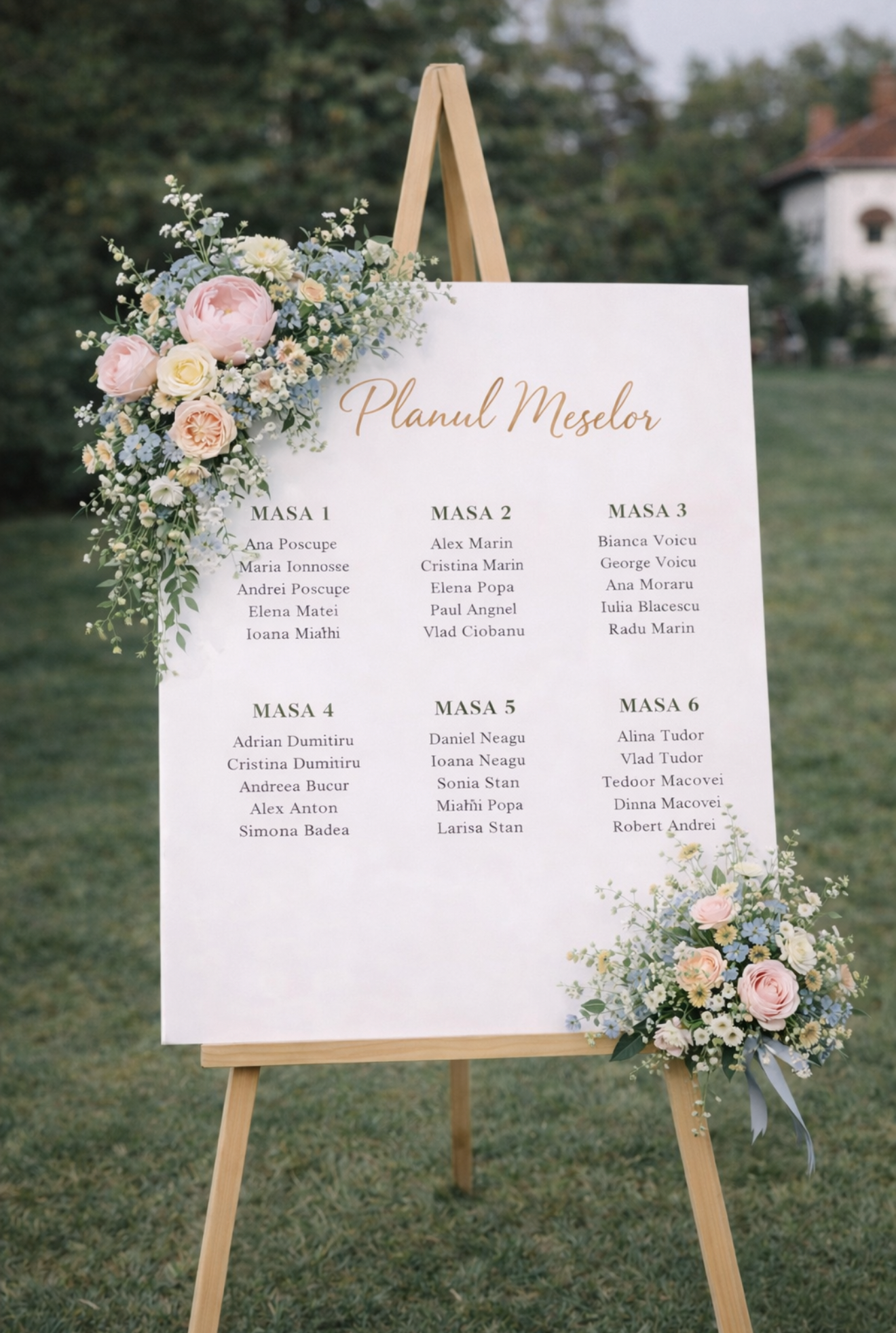 Set Wedding Planner Elegant – Panou Bun Venit + Plan Mese cu aranjamente florale