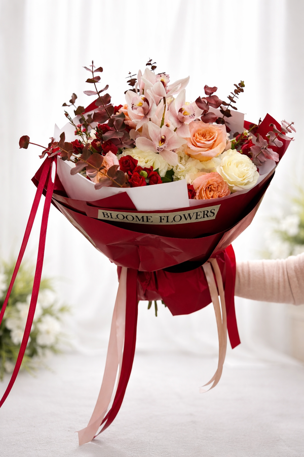 Buchet trandafiri, orhidee si flori mixte premium in ambalaj rosu