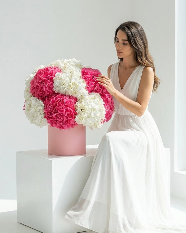 Aranjament hortensii albe si roz in cutie – BLOOME Hydrangea Cloud