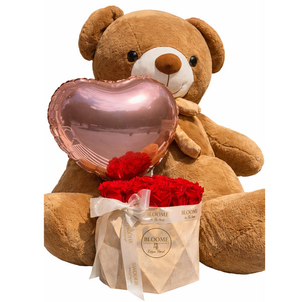 Urs Mare cu Trandafiri Eterni și Balon Inimă – Love Eternal