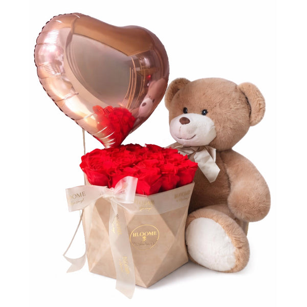 Ursuleț cu Trandafiri Criogenați și Balon Inimă – Love Gift