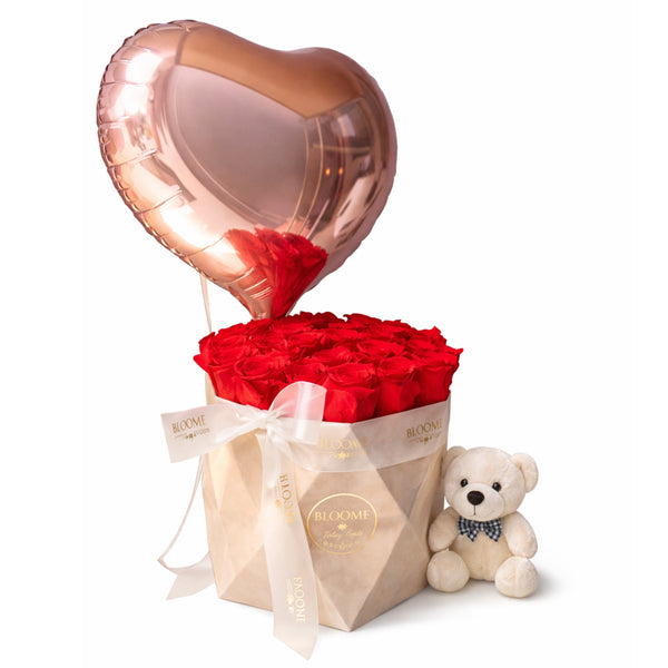 Cutie cu Trandafiri Criogenați și Balon Inimă – Eternal Love