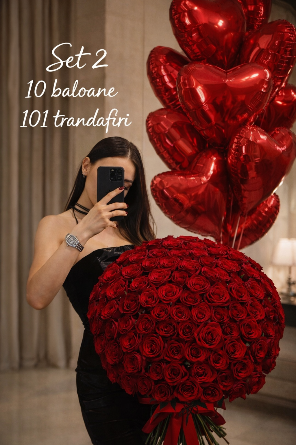 Set Valentine’s Day cu 10 Baloane si 101 Trandafiri Rosii – Aranjament Floral Luxury