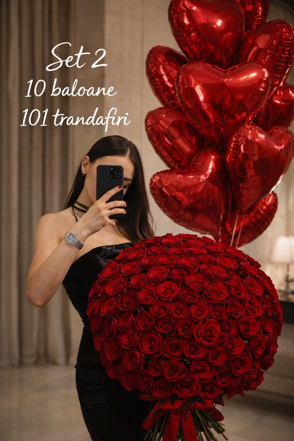 Set Valentine’s Day cu 10 Baloane si 101 Trandafiri Rosii – Aranjament Floral Luxury