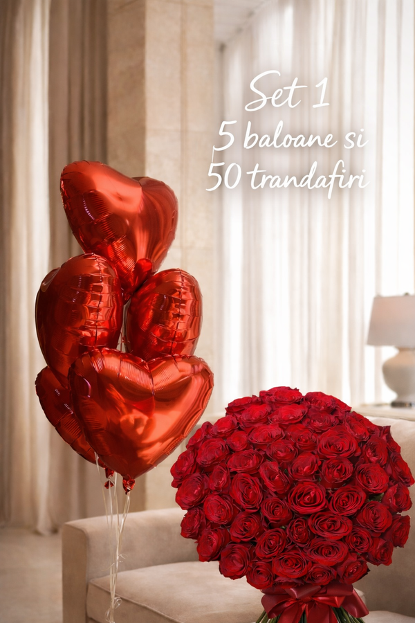 Set Valentine’s Day cu 5 Baloane si 50 Trandafiri Rosii – Cadou Romantic Premium