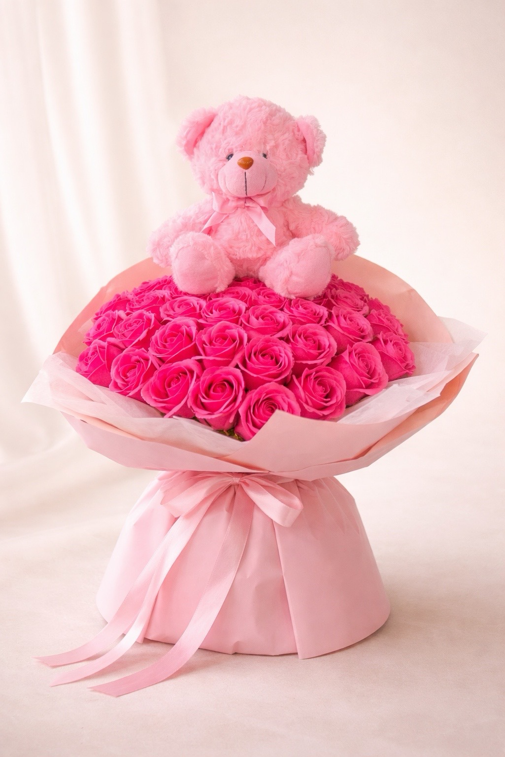 Royal Pink Teddy – Buchet Luxury cu Trandafiri de Sapun si Ursulet