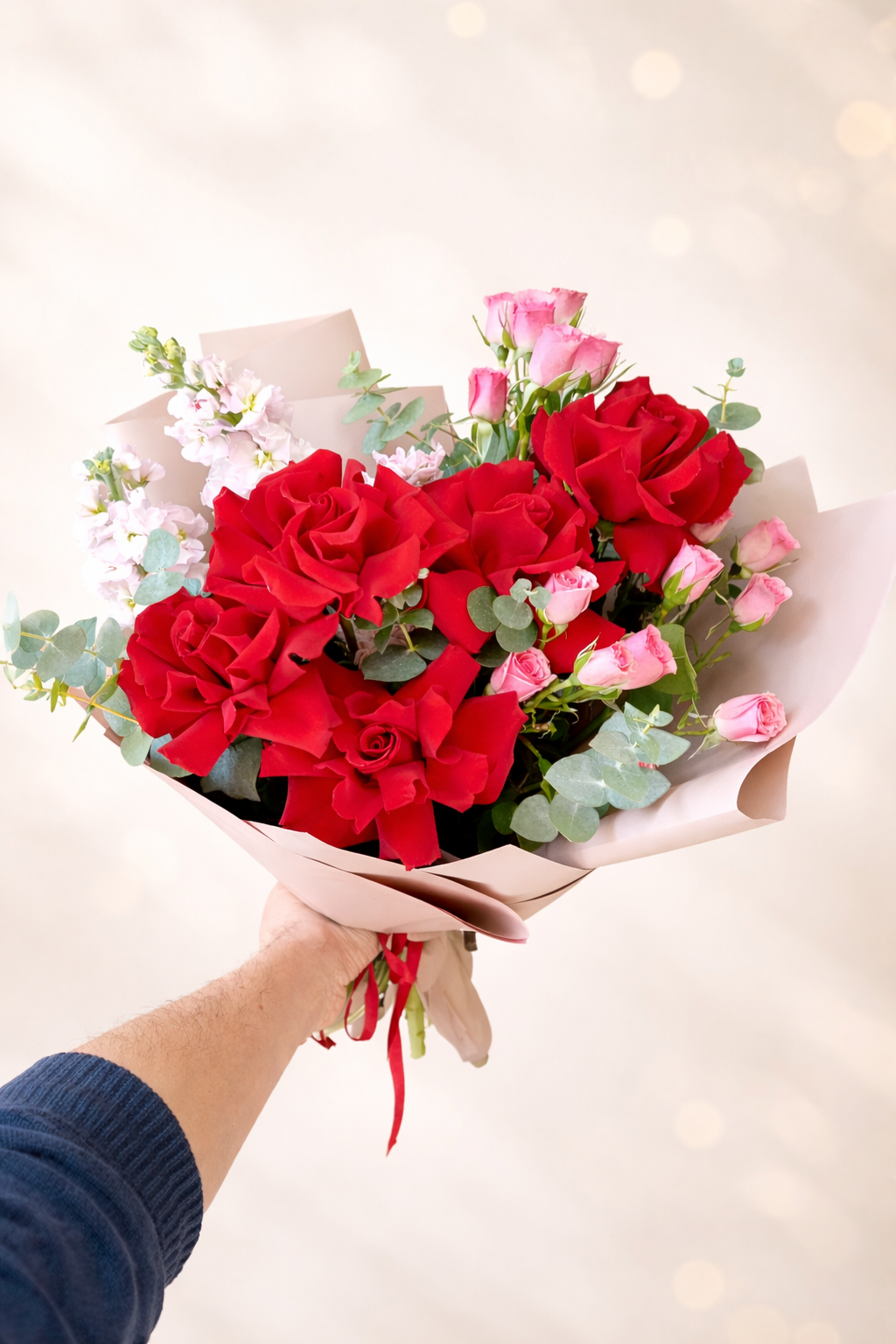 Buchet trandafiri rosii si mini trandafiri roz cu eucalipt – buchet elegant premium BLOOME