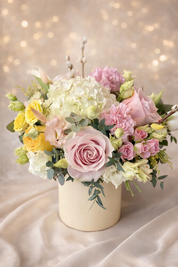Aranjament floral pastel in cutie crem cu trandafiri si hortensie – cadou elegant premium