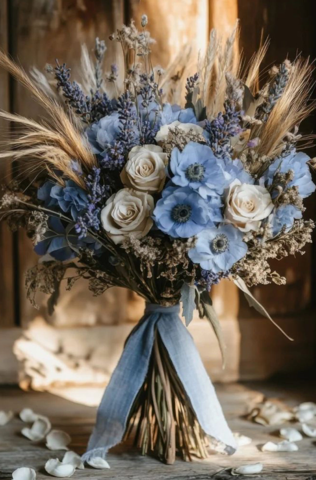 Bouquet of blue and white flowers with a blue ribbon on a wooden surface.