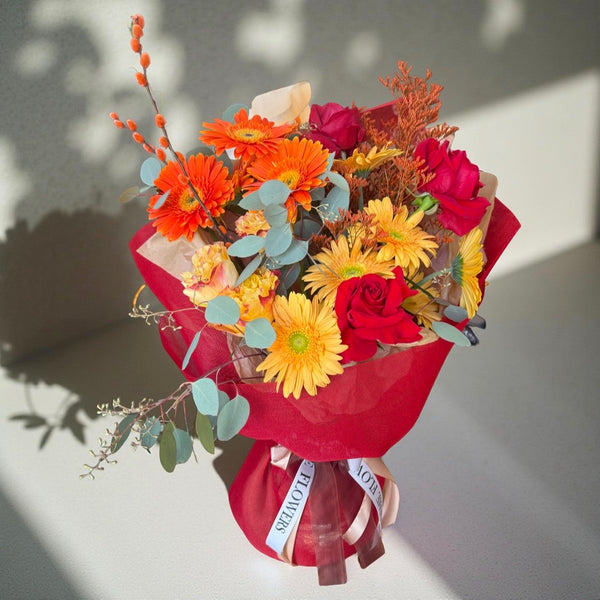 Buchet Gerbera Portocalie, Crizanteme Galbene & Trandafiri