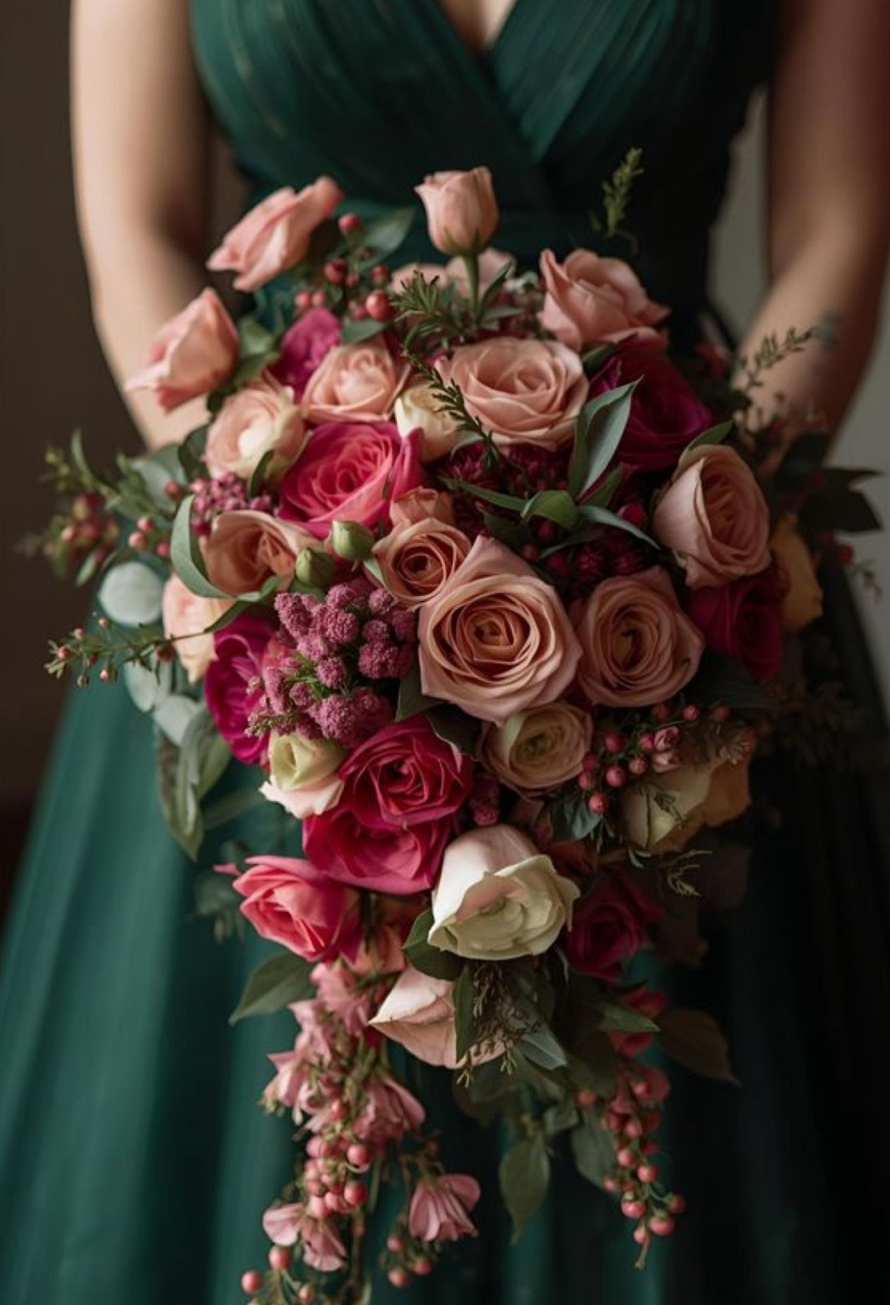 Buchet Nașă în Tonuri Mauve & Fucsia cu Trandafiri Cascadă